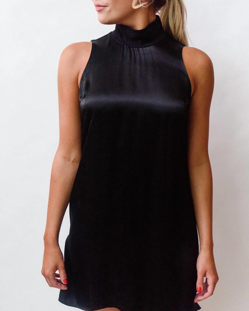 Front of a model wearing a size L Jett Mock Neck Dress in Black in Black by Nation LTD. | dia_product_style_image_id:336365